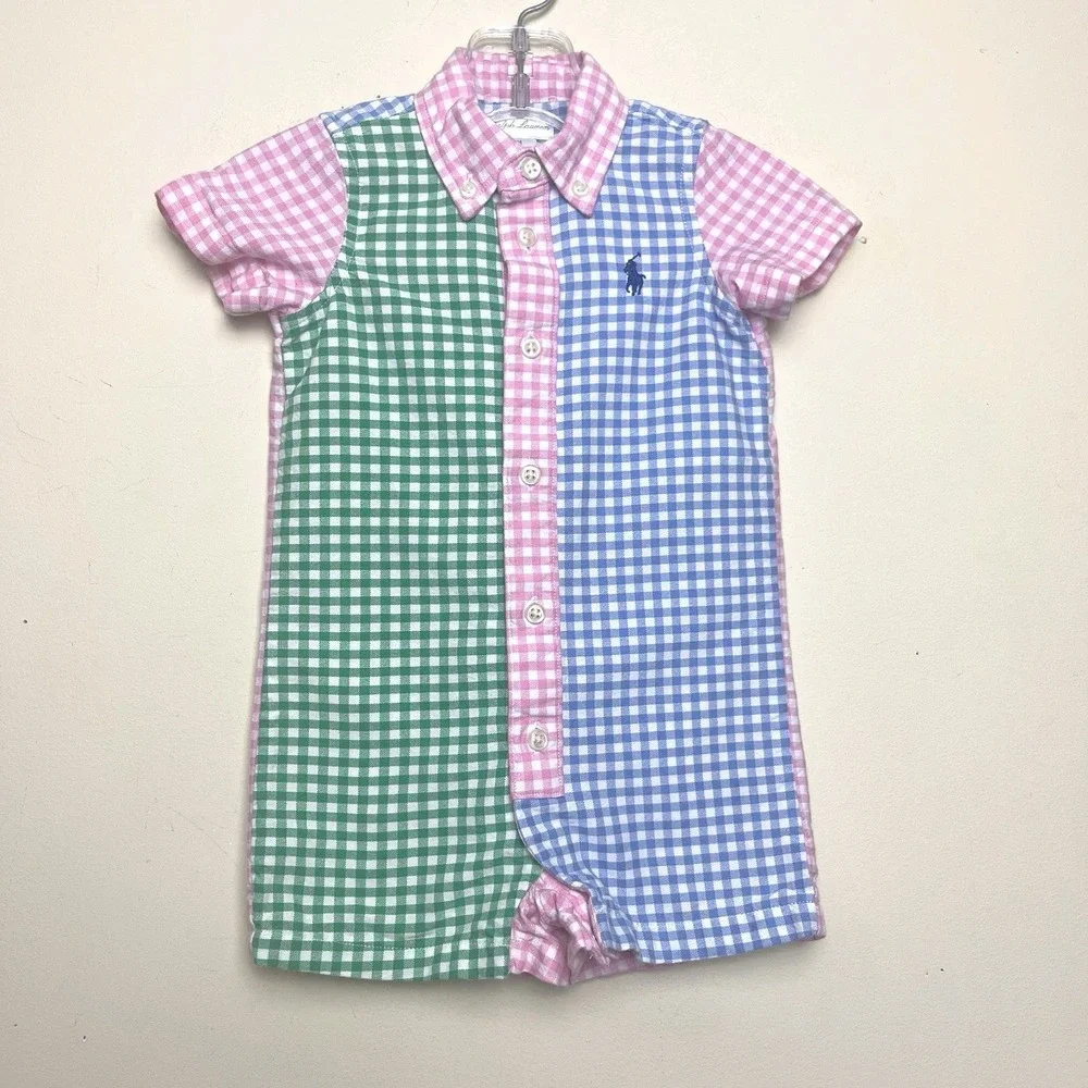Ralph Lauren Polo Baby Gingham Cotton Oxford Fun Romper EUC Blue Green Pink 6M‎